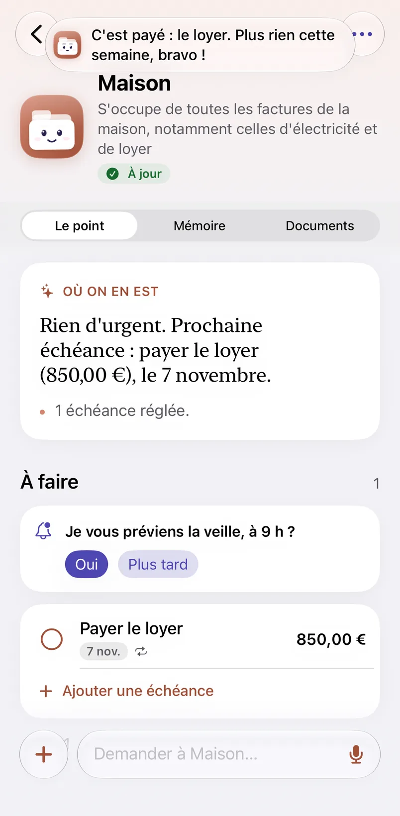 Après le toucher : « C'est payé : le loyer. Plus rien cette semaine, bravo ! », et le visage de la secrétaire qui sourit.